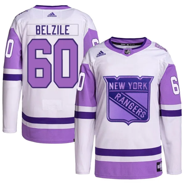 Adidas Alex Belzile New York Rangers Youth Authentic Hockey Fights Cancer Primegreen Jersey - White/Purple
