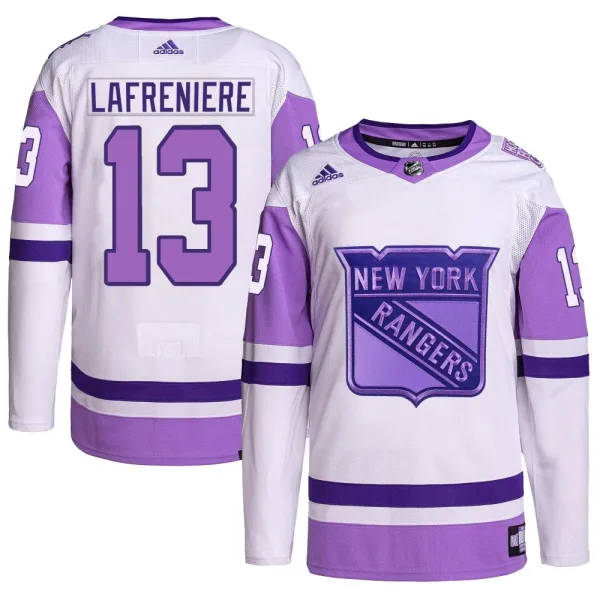 Adidas Alexis Lafreniere New York Rangers Authentic Hockey Fights Cancer Primegreen Jersey - White/Purple