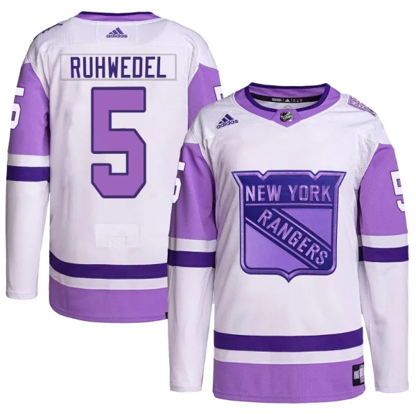 Adidas Chad Ruhwedel New York Rangers Youth Authentic Hockey Fights Cancer Primegreen Jersey - White/Purple