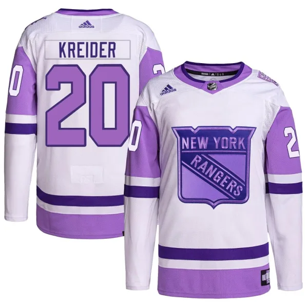 Adidas Chris Kreider New York Rangers Authentic Hockey Fights Cancer Primegreen Jersey - White/Purple
