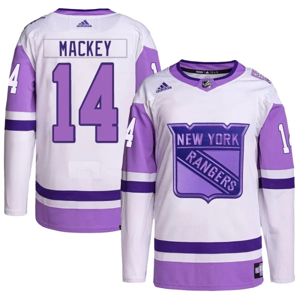 Adidas Connor Mackey New York Rangers Youth Authentic Hockey Fights Cancer Primegreen Jersey - White/Purple