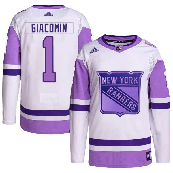 Adidas Eddie Giacomin New York Rangers Authentic Hockey Fights Cancer Primegreen Jersey - White/Purple