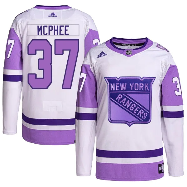 Adidas George Mcphee New York Rangers Authentic Hockey Fights Cancer Primegreen Jersey - White/Purple