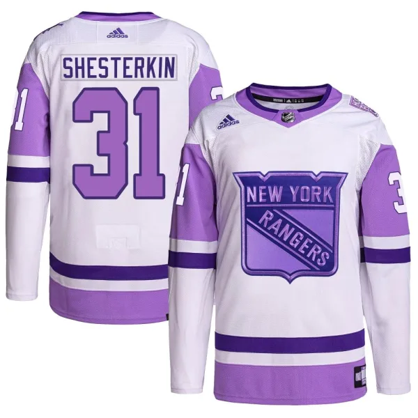 Adidas Igor Shesterkin New York Rangers Authentic Hockey Fights Cancer Primegreen Jersey - White/Purple
