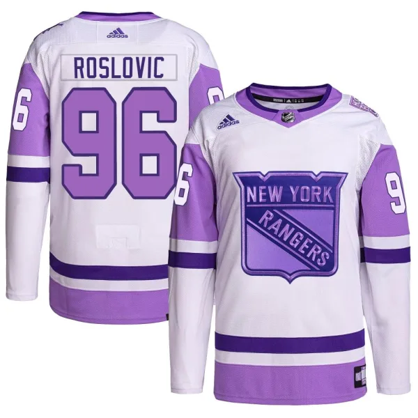 Adidas Jack Roslovic New York Rangers Youth Authentic Hockey Fights Cancer Primegreen Jersey - White/Purple