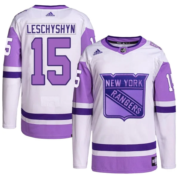 Adidas Jake Leschyshyn New York Rangers Youth Authentic Hockey Fights Cancer Primegreen Jersey - White/Purple