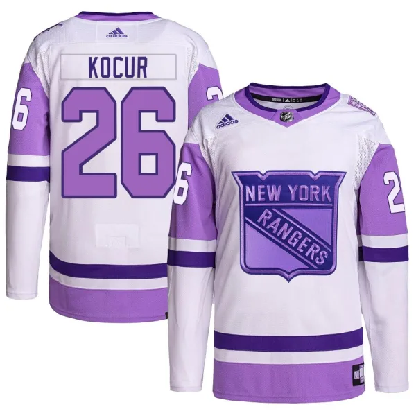 Adidas Joe Kocur New York Rangers Youth Authentic Hockey Fights Cancer Primegreen Jersey - White/Purple