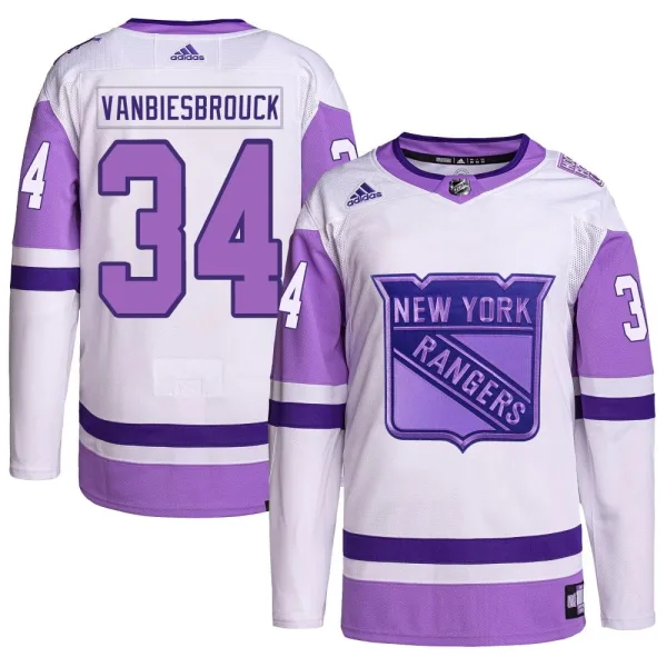Adidas John Vanbiesbrouck New York Rangers Authentic Hockey Fights Cancer Primegreen Jersey - White/Purple