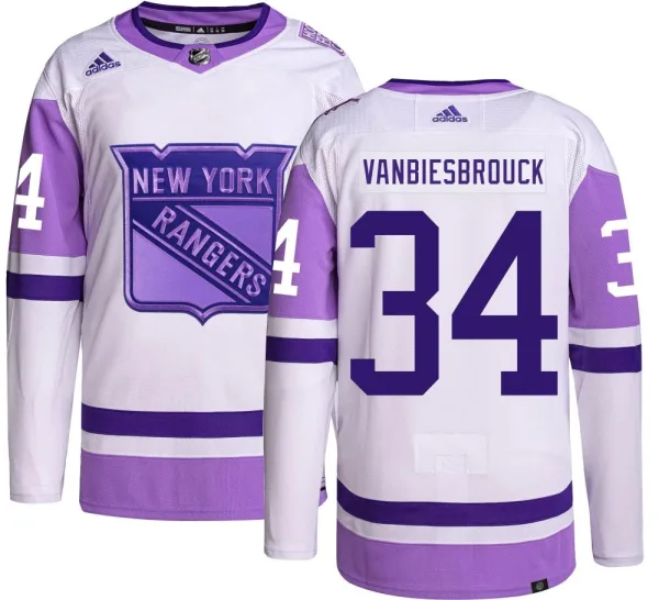 Adidas John Vanbiesbrouck New York Rangers Youth Authentic Hockey Fights Cancer Jersey -