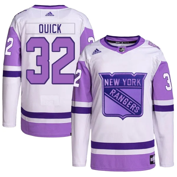Adidas Jonathan Quick New York Rangers Youth Authentic Hockey Fights Cancer Primegreen Jersey - White/Purple