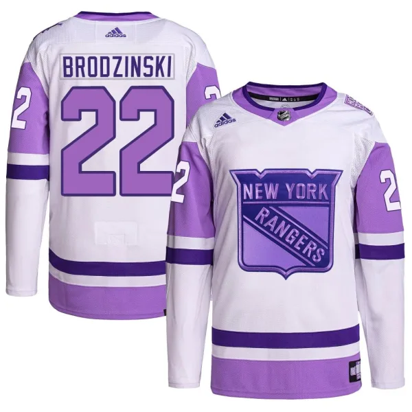 Adidas Jonny Brodzinski New York Rangers Authentic Hockey Fights Cancer Primegreen Jersey - White/Purple