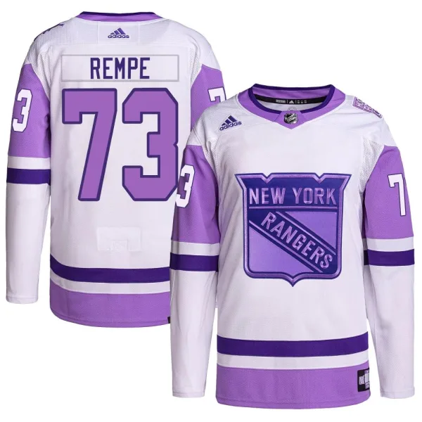 Adidas Matt Rempe New York Rangers Authentic Hockey Fights Cancer Primegreen Jersey - White/Purple