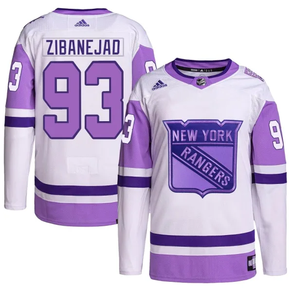 Adidas Mika Zibanejad New York Rangers Authentic Hockey Fights Cancer Primegreen Jersey - White/Purple