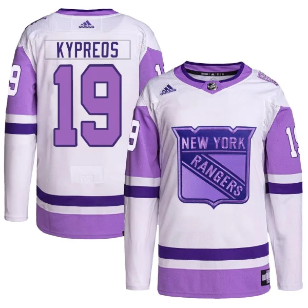 Adidas Nick Kypreos New York Rangers Authentic Hockey Fights Cancer Primegreen Jersey - White/Purple