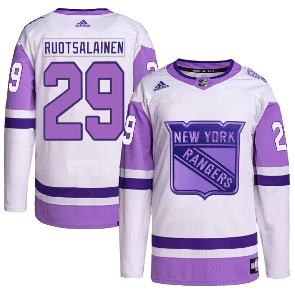 Adidas Reijo Ruotsalainen New York Rangers Authentic Hockey Fights Cancer Primegreen Jersey - White/Purple