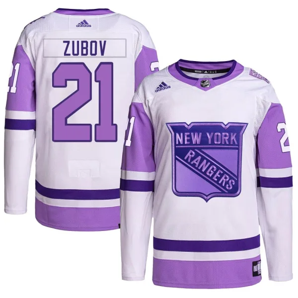 Adidas Sergei Zubov New York Rangers Authentic Hockey Fights Cancer Primegreen Jersey - White/Purple